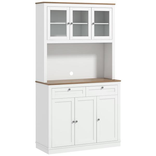 Armário de Cozinha com 3 Portas de Vidro Compartimento Aberto 2 Gavetas e Prateleiras Ajustáveis 100x40x180 cm Branco