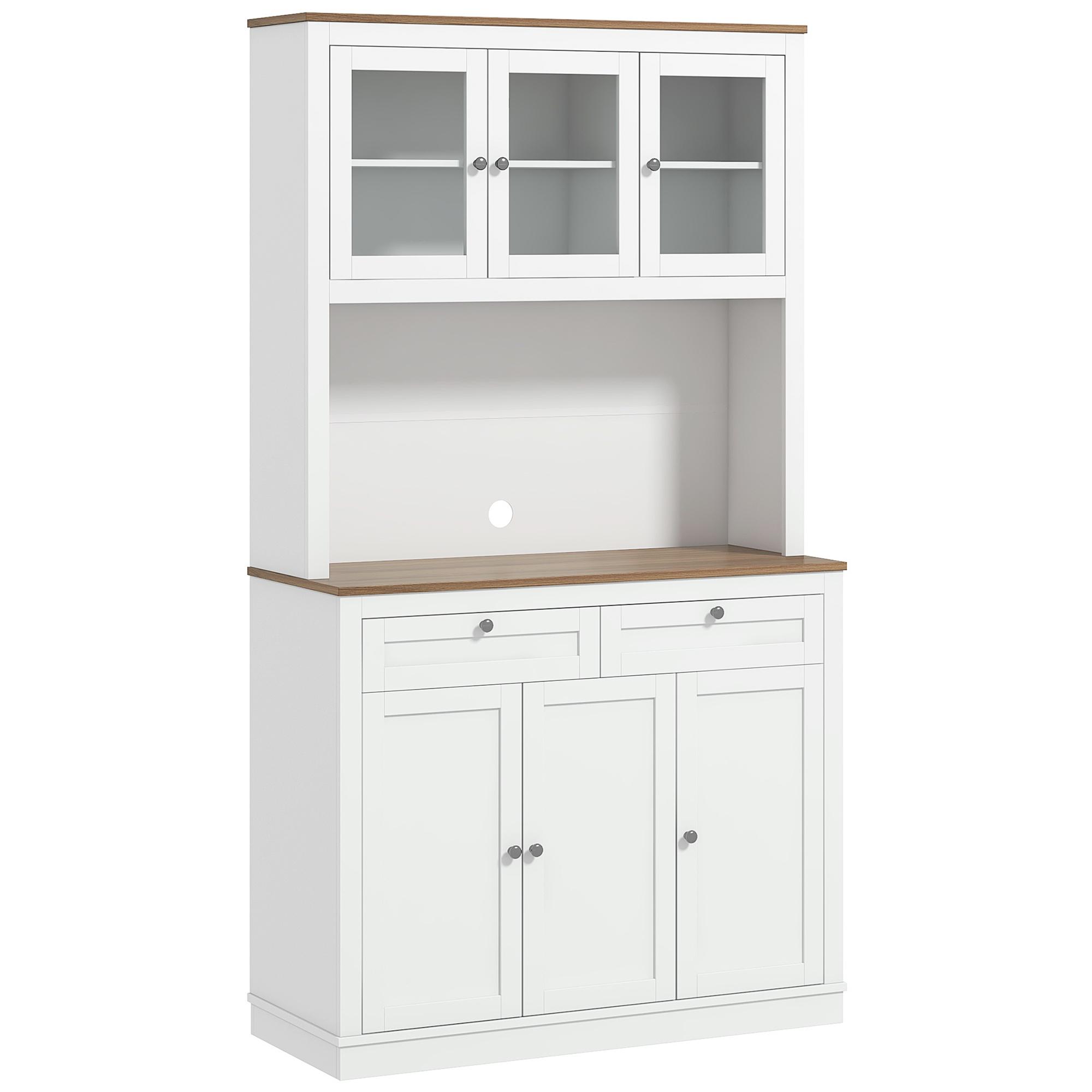 Armário de Cozinha com 3 Portas de Vidro Compartimento Aberto 2 Gavetas e Prateleiras Ajustáveis 100x40x180 cm Branco