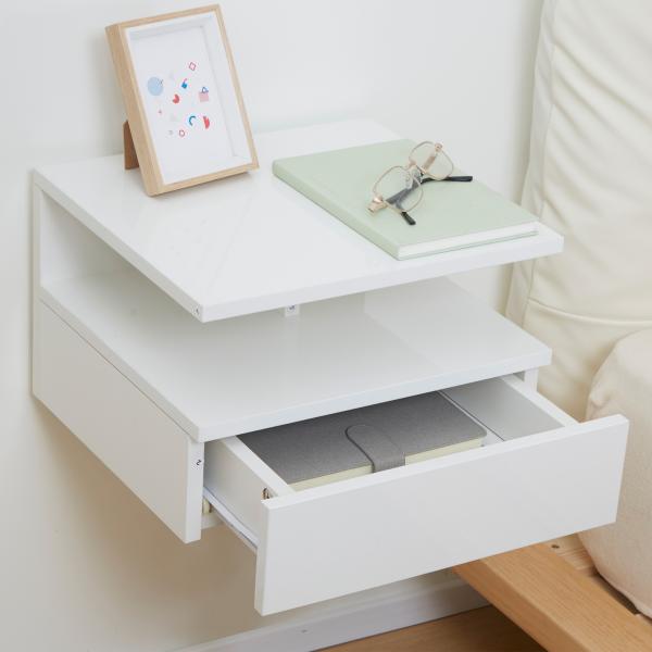 Conjunto de 2 Mesas de Cabeceira Flutuante com 1 Gaveta e Prateleira Aberta Montado na Parede 35x32x22,5 cm Branco