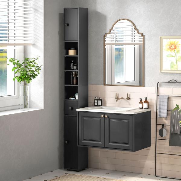 Coluna Casa de Banho Estreita com 1 Gaveta 4 Prateleiras Abertas e Prateleiras Ajustáveis 20x20x180 cm Preto