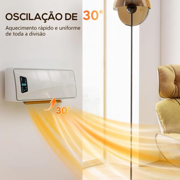 Aquecedor Elétrico de Baixo Consumo de Parede 2000W com 3 Modos Ecrã LED Termostato Temporizador e Oscilação 54x18,7x14,5 cm Branco