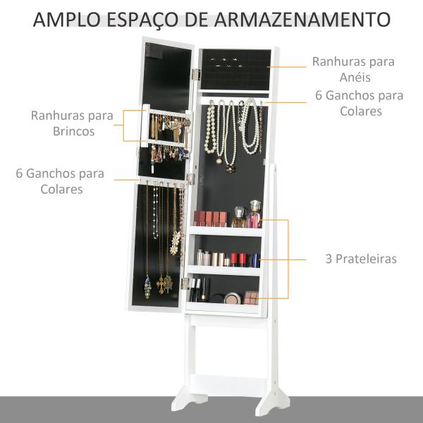 Guarda - Joias de Pé, com Espelho, Armário para Joias 16 Luzes LED Reclinável 36x30x136cm Branco