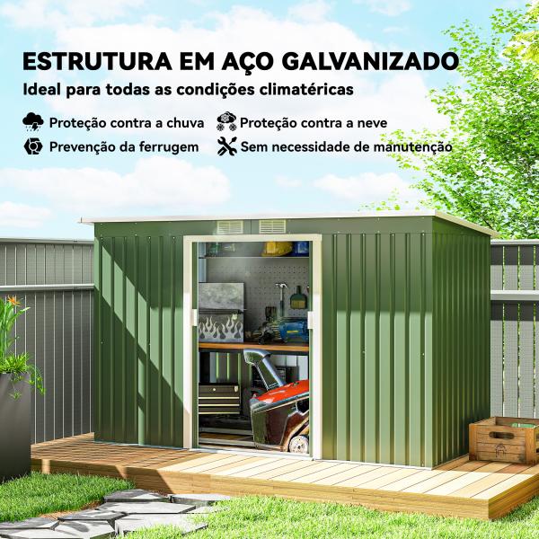 Abrigo de Jardim 280x130x172cm Abrigo de Exterior de Aço Galvanizado com Porta Corredeira e Ventilações Verde Claro