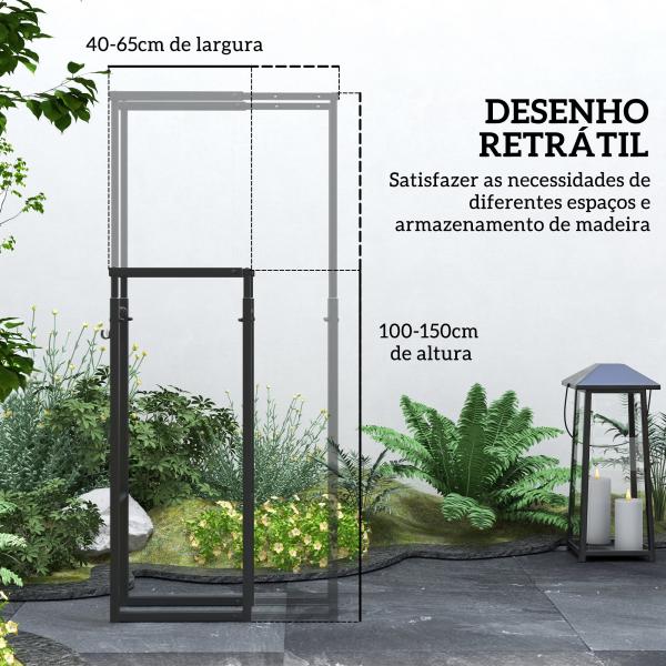 Suporte para Lenha Extensível com 4 Ganchos Carga Máxima 100 kg para Interior e Exterior 40 - 65x25x100 - 150 cm Preto