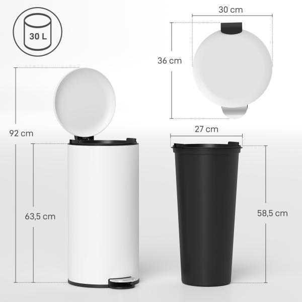 Balde de Lixo para Cozinha 30L com Pedal Tampa com Fechamento Suave e Cubo Amovível 36x30x63,5 cm Creme