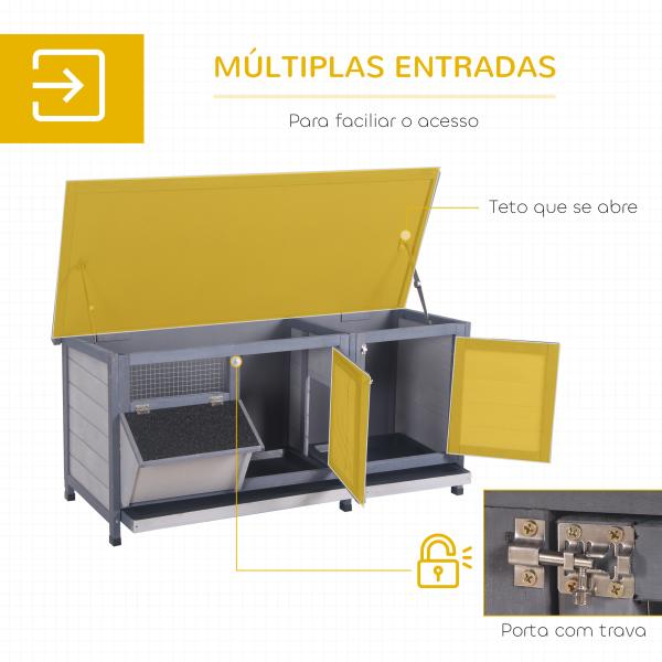 Coelheira de Madeira Gaiola para Coelhos com Telhado Asfáltico Rebatível Portas com Fecho Bandejas Removíveis 112x50x54 cm Cinzento
