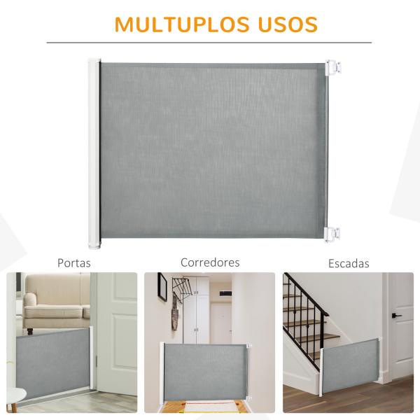 Barreira de Segurança para Cães Extensível Grade Retrátil para Animais de Estimação com Extensão Aço e Tecido de Textilene para Escadas e Portas 5,5 - 115x5,5x82,5cm Cinza