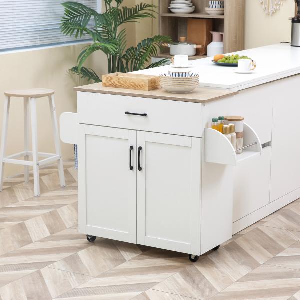 Carrinho de Cozinha com 1 Gaveta Suporte para Panos e Especies Carrinho Auxiliar com Rodas 105x36x85cm Branco