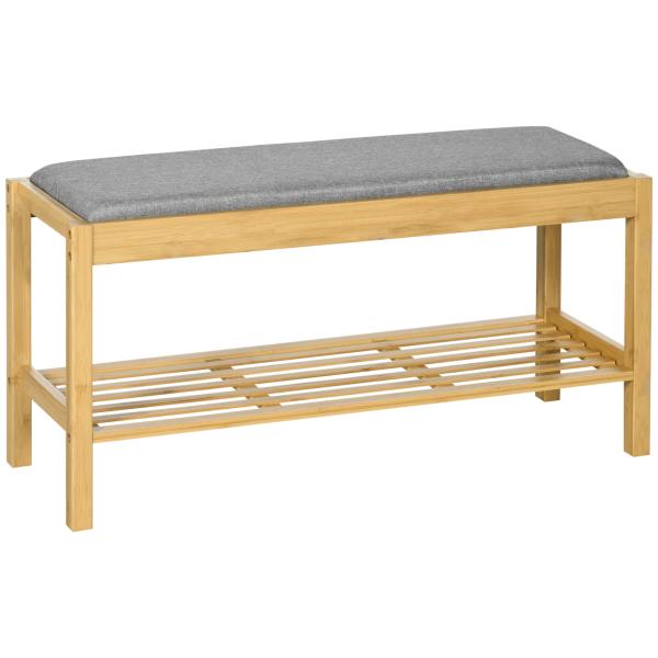 Banco Sapateira de Bambu com Assento Estofado para 3 Pares de Sapatos e Prateleira de 90x30x46 cm Madeira
