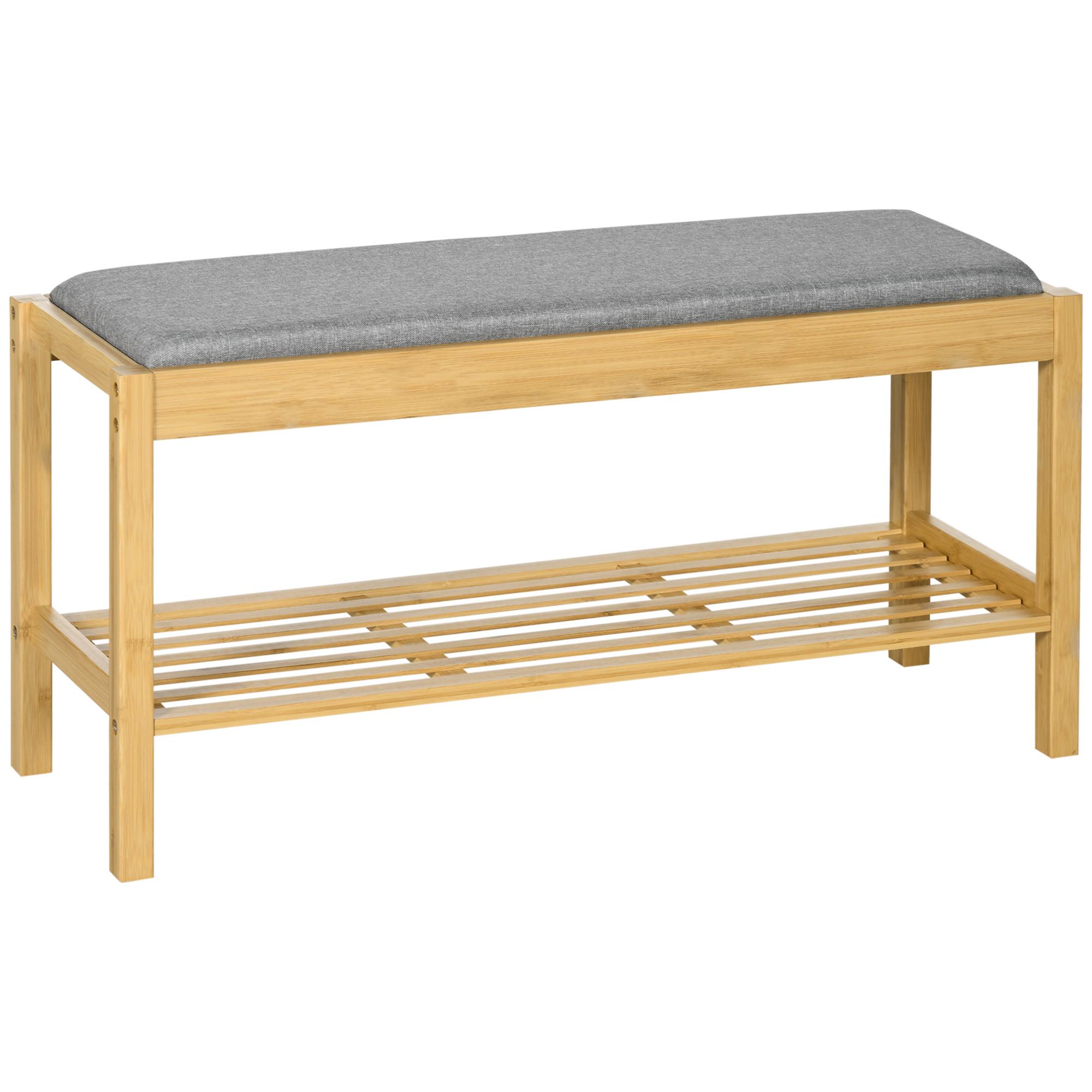 Banco Sapateira de Bambu com Assento Estofado para 3 Pares de Sapatos e Prateleira de 90x30x46 cm Madeira