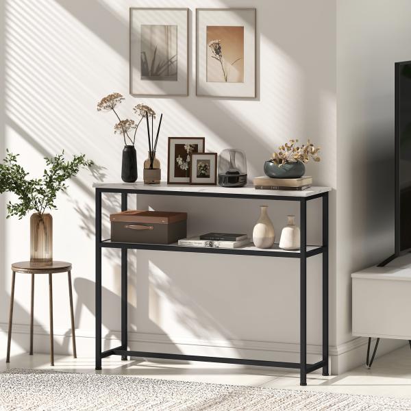 Mesa Consola Moderna Consola Estreita com Superfície com Efeito Mármore Prateleira Aberta e Estrutura de Metal 100x30x81 cm Branco