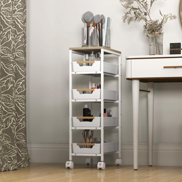 Carrinho de Cozinha de Armazenamento de 5 Níveis Carrinho Auxiliar com Rodas Bancada com Efeito Madeira 39,5x24x82 cm Branco