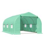 Estufa Tipo Túnel 450x300x200 cm Estufa de Jardim com Porta e 6 Janelas Enroláveis Cobertura de PE e Aço Verde