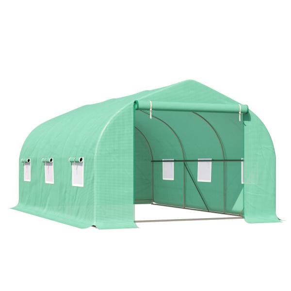 Estufa Tipo Túnel 450x300x200 cm Estufa de Jardim com Porta e 6 Janelas Enroláveis Cobertura de PE e Aço Verde