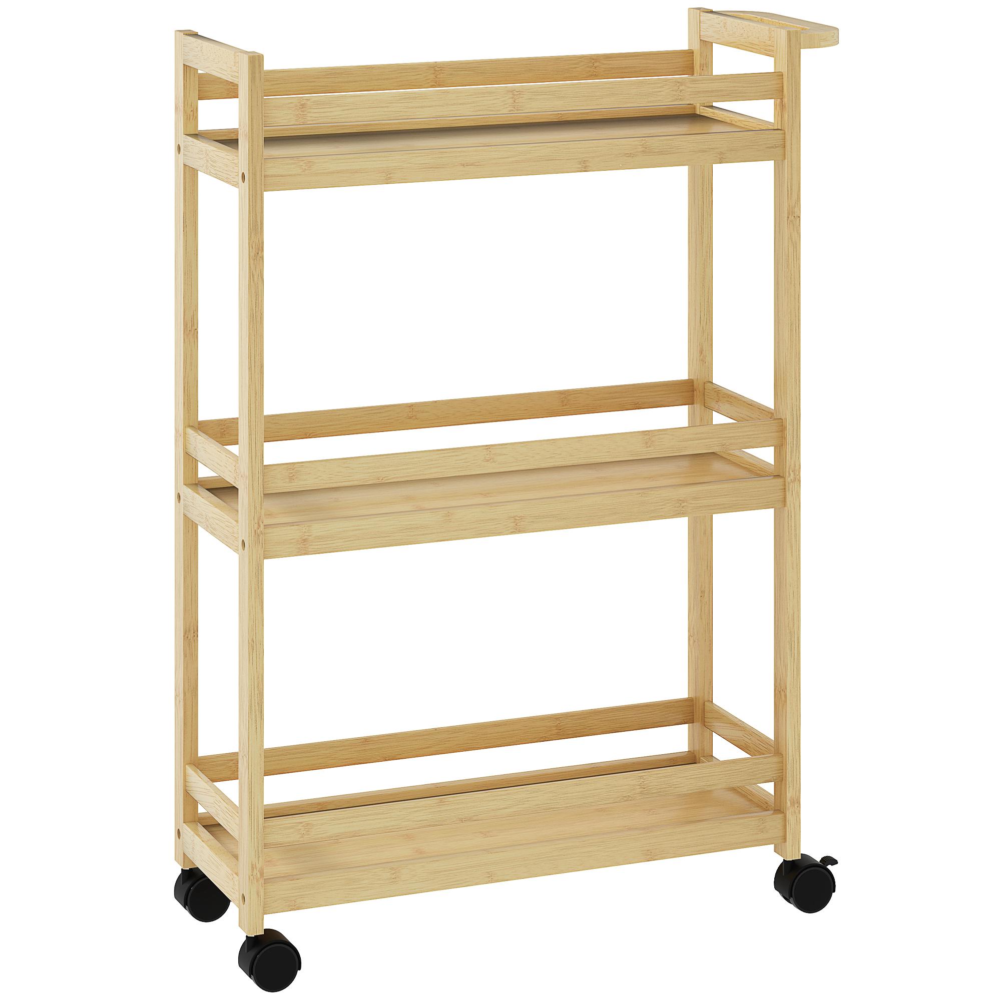 Carrinho para Casa de Banho de Bambu com 3 Níveis Carrinho de Arrumação para Casa de Banho Cozinha 55x20x75 cm Madeira