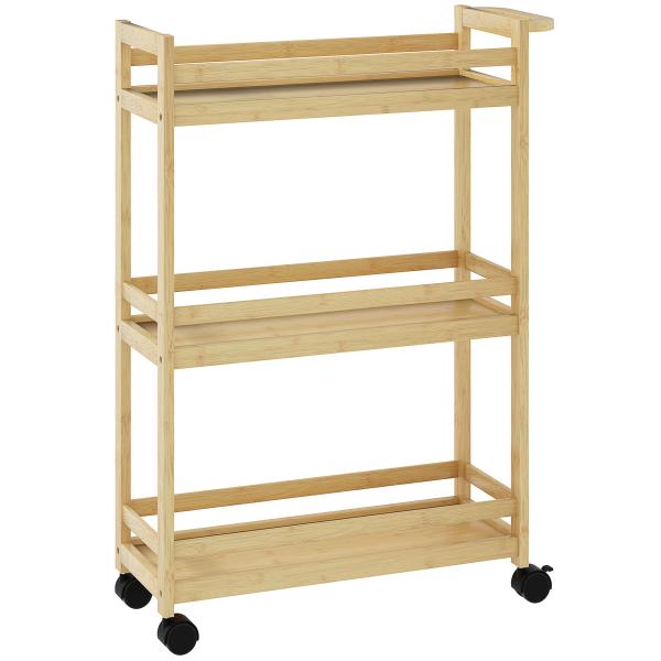 Carrinho para Casa de Banho de Bambu com 3 Níveis Carrinho de Arrumação para Casa de Banho Cozinha 55x20x75 cm Madeira
