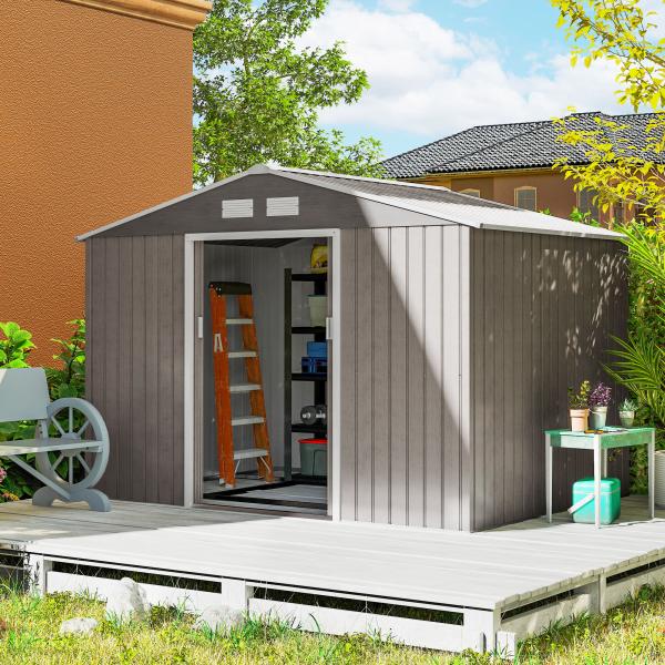 Abrigo de Jardim 277x195x192 cm Metálico para Armazenamento de Ferramentas com Base de Reforço Incluída Madeira