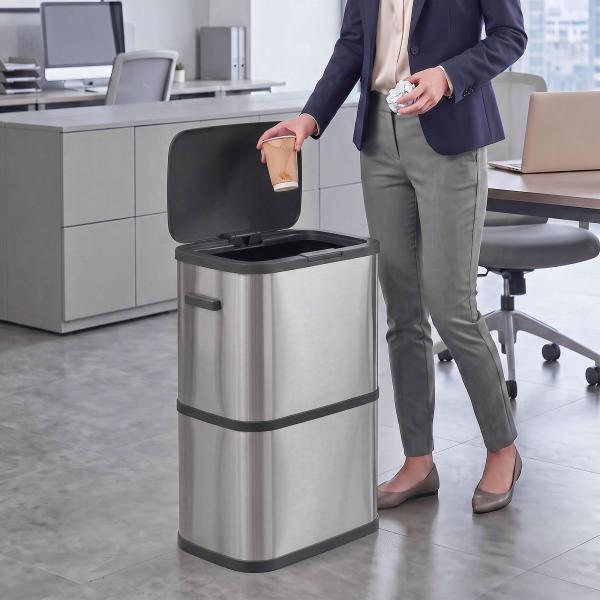 Caixote do Lixo 60 L em Aço Inoxidável, Estreito, com Suporte para Sacos, Tampa de Fecho Suave e Abertura por Toque, Prateado