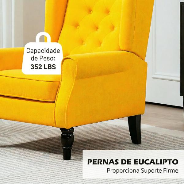 Poltrona de Sala com Apoios de Braço e Pernas de Madeira Capacidade de 160 kg para Quarto Escritório 74x86x102 cm Amarelo