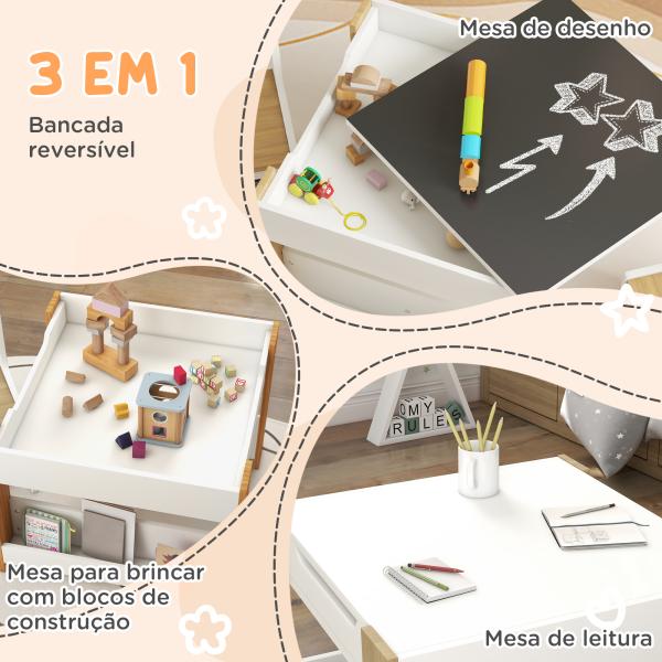 Mesas e Cadeiras Infantis Conjunto 2 em 1 com Armazenamento Mesa 61,5x61,5x48 cm Cadeiras 28,5x30,5x53 cm para Quarto Dormitório Cinza