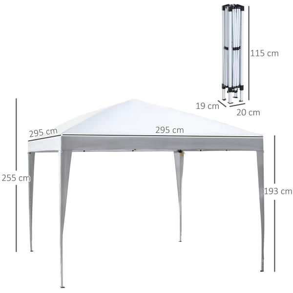 Tenda Dobrável 2,95x2,95 cm com Bolsa de Transporte Altura Ajustável Anti - UV e Impermeável para Terraço Pátio Branco Prateado