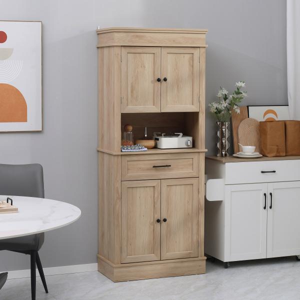 Armário de Cozinha com 4 Portas 1 Gaveta e Prateleira Aberta para Sala de Estar Sala de Jantar 74x39,5x183cm Carvalho