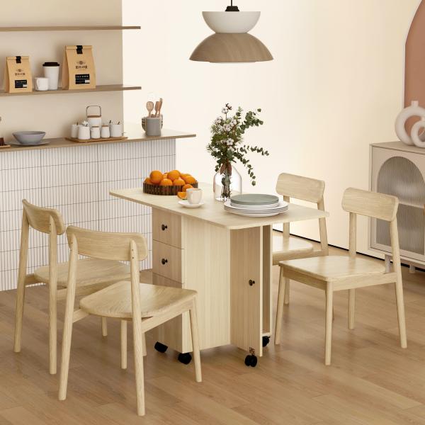 Mesa de Jantar Dobrável com Rodas Mesa Abatível com 2 Gavetas e Armário Mesa Auxiliar Multifuncional 120x60x76,5 cm Madeira