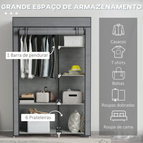 Roupeiro de Tecido Dobrável com 6 Prateleiras e 1 Barra de Pendurar para Dormitório Vestidor 103x43x162,5 cm Cinzento