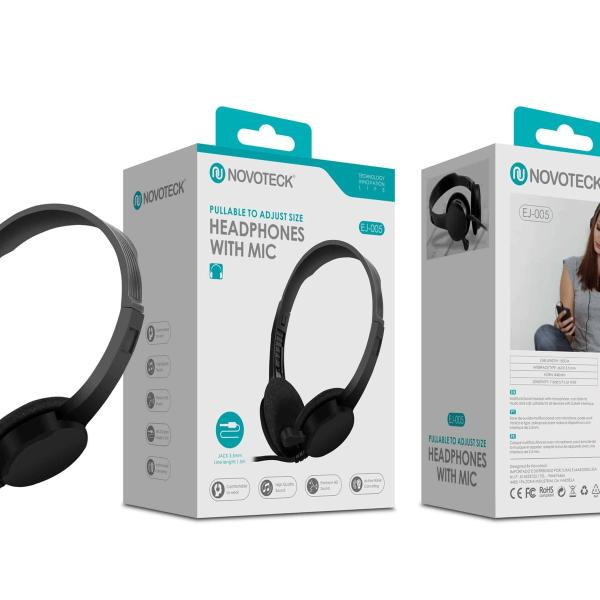 Auscultadores com Microfone NOVOTECK EJ-005 - Conforto Ajustável e Som de Qualidade