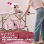 Mesa de Tosquia para Cães Dobrável Mesa de Higiene com Prateleira Metálica Superfície Antiderrapante 107x60x164 cm, Rosa