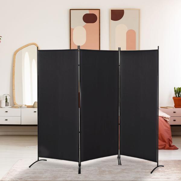 Biombo de 3 Paineis Separador de Ambientes Dobrável Biombo de Privacidade com 6 Pés de Metal 253x50x182 cm Preto