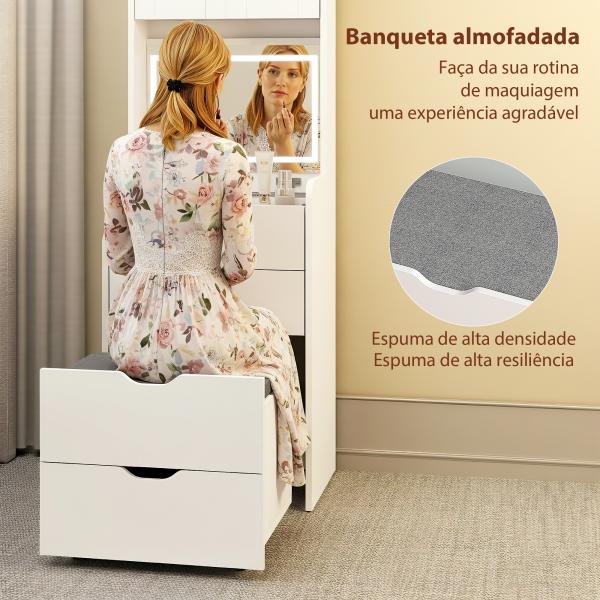 Toucador de Maquilhagem com Luzes LED de 3 Cores Espelho Rebatível e Banco Acolchoado 50x40x160 cm Branco