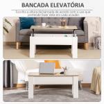 Mesa de Centro com Bancada Elevatória Compartimento Aberto e Oculto 100x50x45 - 58,5 cm Branco e Madeira