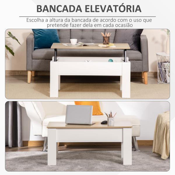 Mesa de Centro com Bancada Elevatória Compartimento Aberto e Oculto 100x50x45 - 58,5 cm Branco e Madeira