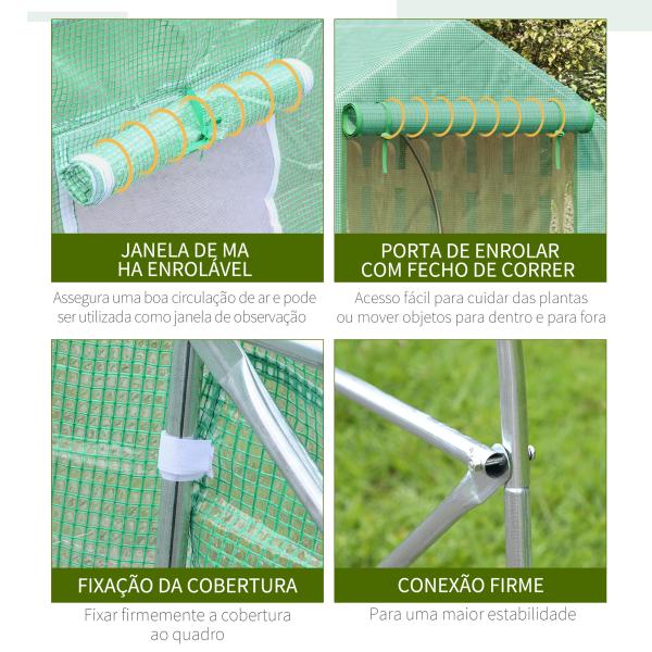 Estufa Tipo Túnel 450x300x200 cm Estufa de Jardim com Porta e 6 Janelas Enroláveis Cobertura de PE e Aço Verde