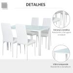 Conjunto de Refeição com Mesa Retangular de Vidro Temperado e 4 Cadeiras Estofadas em PU com Pés de Metal Branco