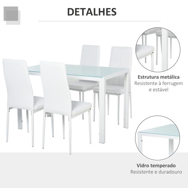 Conjunto de Refeição com Mesa Retangular de Vidro Temperado e 4 Cadeiras Estofadas em PU com Pés de Metal Branco