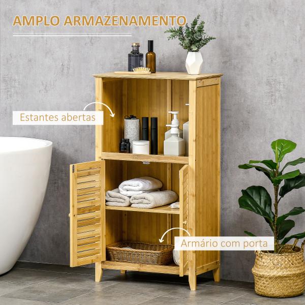 Armário Auxiliar Casa de Banho de Bambu com 2 Portas Compartimento Aberto e Prateleira Ajustável 50x25,5x92 cm Madeira