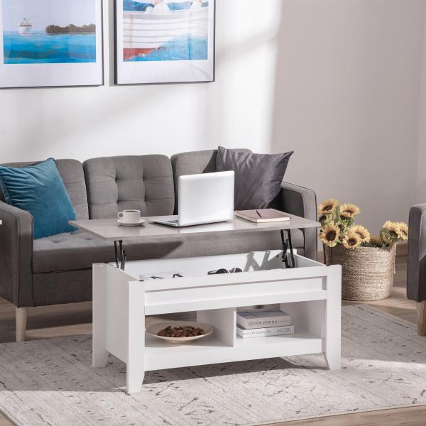 Mesa de Centro com Bancada Elevável Mesa de Centro com 2 Compartimentos Abertos Bancada de Imitação a Mármore Mesa Retangular para Sala de Estar 105x50x49cm Branco
