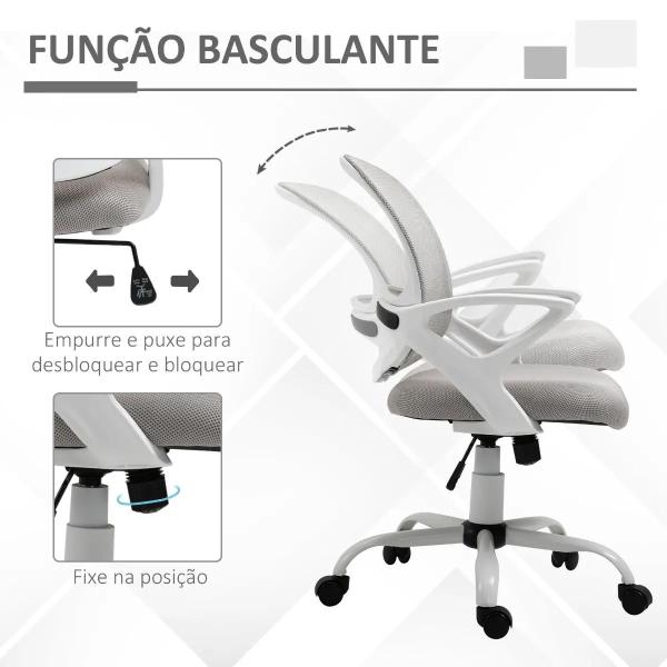 Cadeira de Oficina Ergonômica Basculante com Altura Ajustável Assento Giratório 360° Suporte Lombar e Malha Transpirável 61x61x89 - 99cm Cinza e Branco