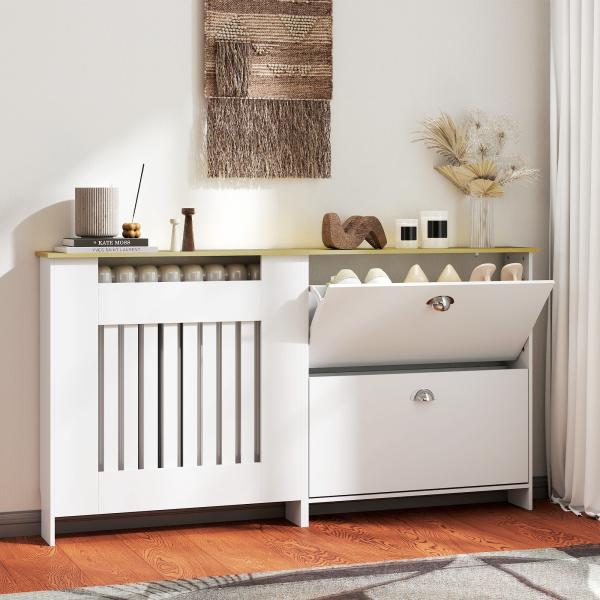 Cobertura Radiadores com Sapateira e 2 Gavetas Rebatíveis Desenho Moderno de Ripas 152x19x81 cm Branco