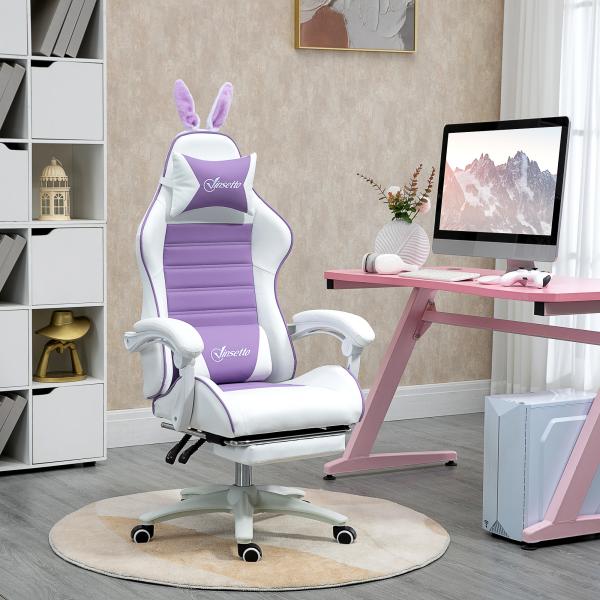 Cadeira Gaming Giratória de Couro PU com Altura Ajustável Inclinável 135° Apoio para a Cabeça 65x63x136 - 142 cm Branco e Roxo