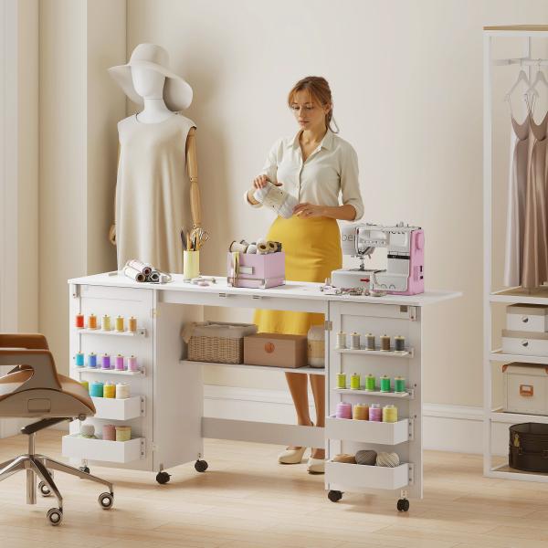 Mesa de Costura Dobrável com 6 Rodas Móvel para Máquina de Costura com 20 Pinos para Fios 4 Compartimentos 160x40x81,5 cm Branco
