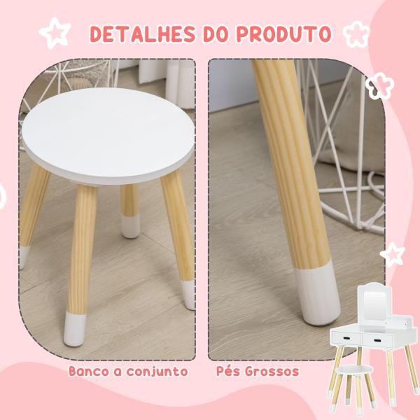 Toucador Infantil de Madeira com Banco Espelho e 2 Gavetas Brinquedo Educativo para Crianças de 3 - 6 Anos 60x40x95cm Branco