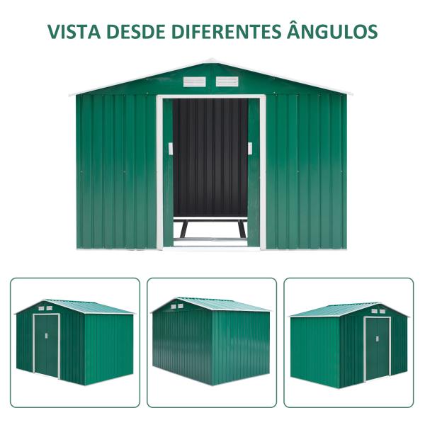 Abrigo de Jardim Exterior 4,83m² 277x195x192cm Abrigo e Jardim Metálico para Armazenamento de Ferramentas com Base Incluída e 4 Janelas Verde Escuro