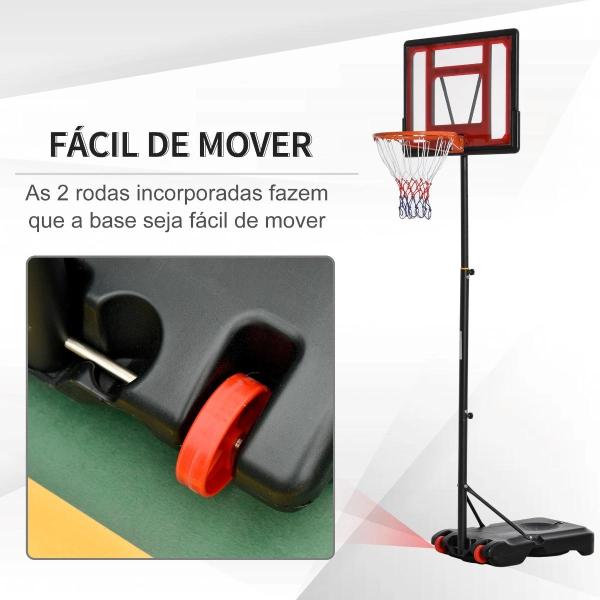 Tabela de Basquetebol Ajustável de 160 - 210cm Aro de Basquetebol com Suporte de Aço Base Recarregável 2 Rodas para Crianças e Adultos 75x83x261cm Vermelho e Preto