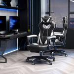Cadeira de escritorio gaming ergonômica Altura ajustável Reclinável Encosto com apoio para pés 65x70x118,5 - 126,5 cm Branco e Preto