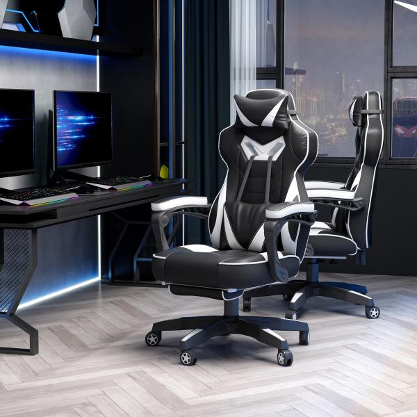 Cadeira de escritorio gaming ergonômica Altura ajustável Reclinável Encosto com apoio para pés 65x70x118,5 - 126,5 cm Branco e Preto