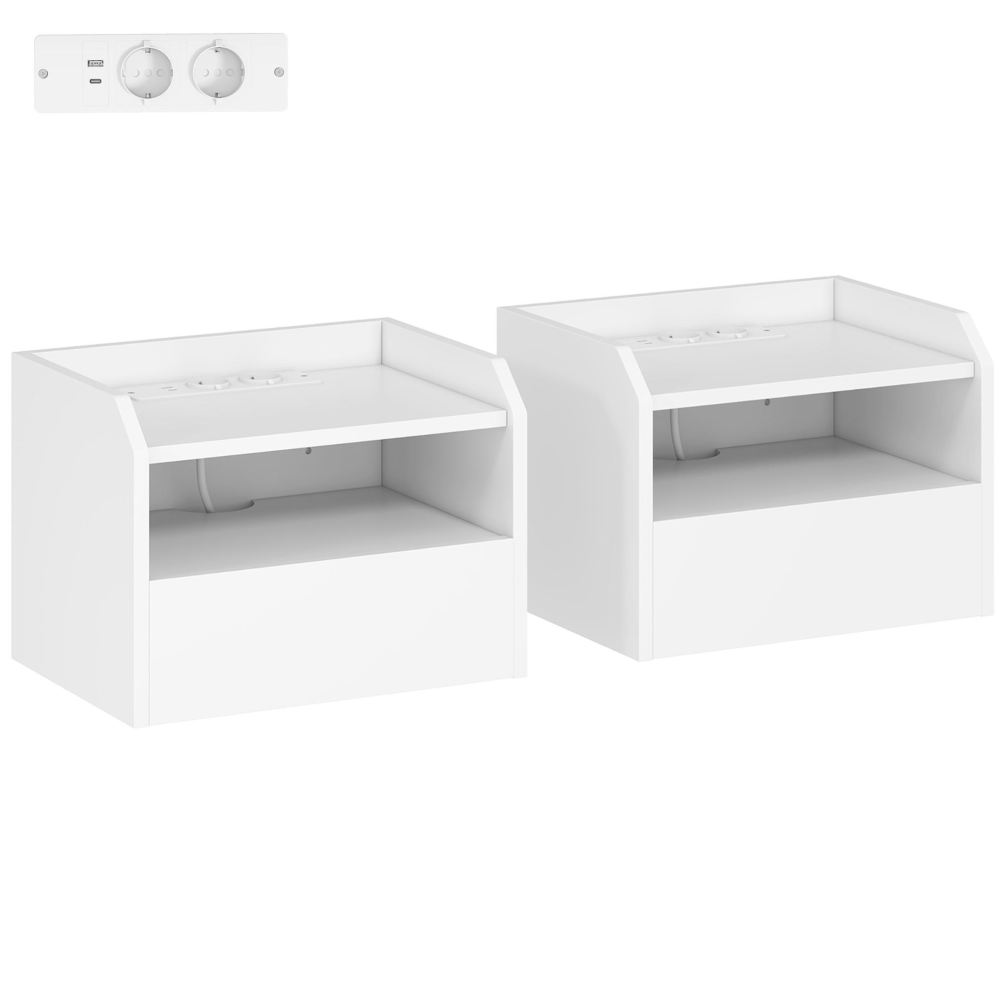 Conjunto de 2 Mesas de Cabeceira Flutuantes com Estação de Carregamento Gaveta Prateleira Aberta Estilo Moderno 40x29x29 cm Branco