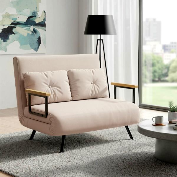 Sofá Cama Convertível 2 Lugares Dobrável com Encosto Ajustável em 5 Níveis e 2 Almofadas 102x73x81 cm Bege Claro